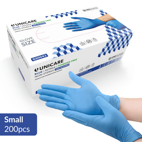 Unigloves Unicare Blue Nitrile Gloves Small 200 F2 Medical Supplies