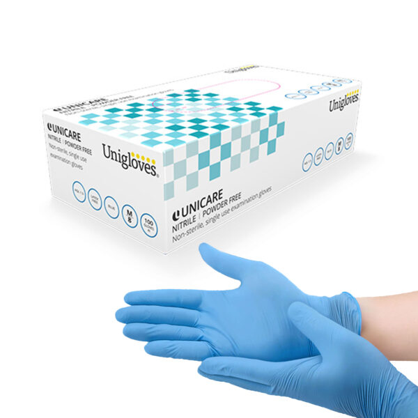 Unigloves Unicare Blue Nitrile Gloves (100) - MEDIUM 1 Unicare Unigloves Blue Nitrile Gloves Medium F2 Medical Supplies