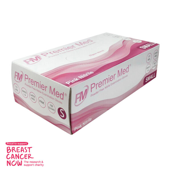 PM012 PremierMed Pink Nitrile Gloves 100pcs Supporting Breat Cancer Now Small .3