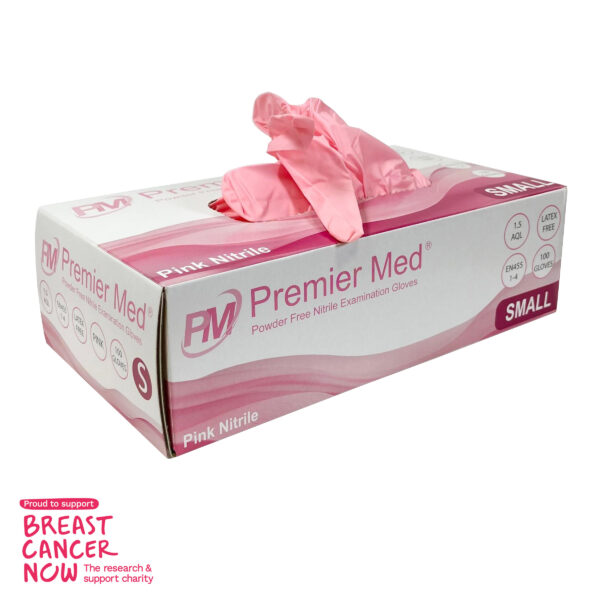 PM012 PremierMed Pink Nitrile Gloves 100pcs Supporting Breat Cancer Now Small .4