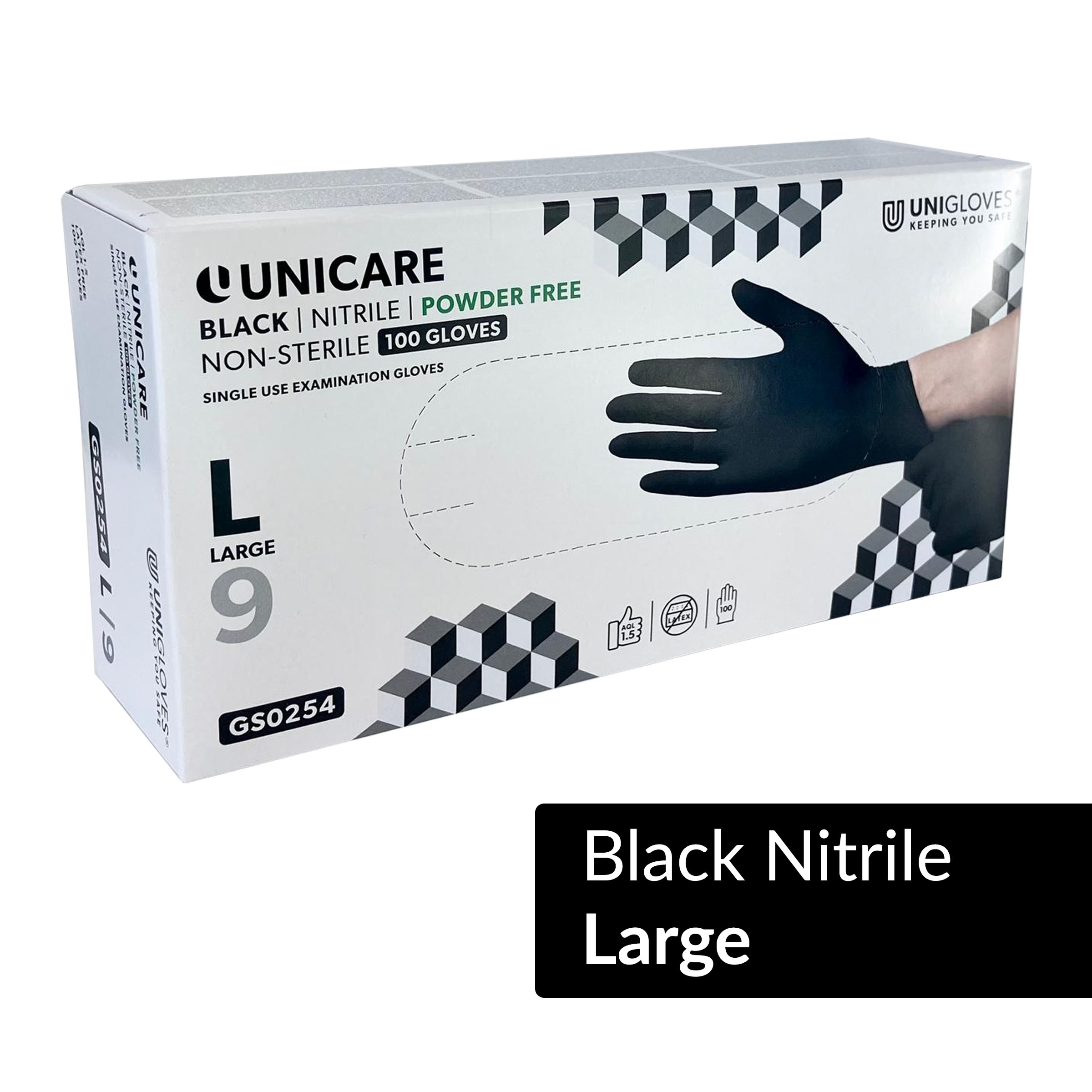 Unicare Black Nitrile Gloves 100pcs - Large (Size 9) 1 Unicare Black Nitrile Gloves 100pcs - Large (Size 9)